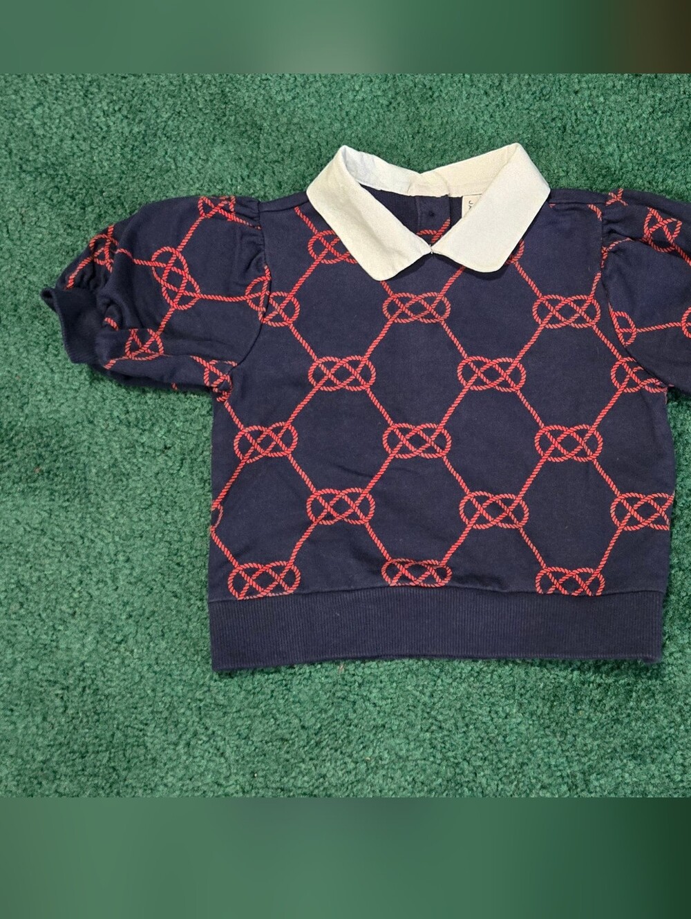 Janie and Jack Navy Knit Top with Red Rope Motif and White Collar